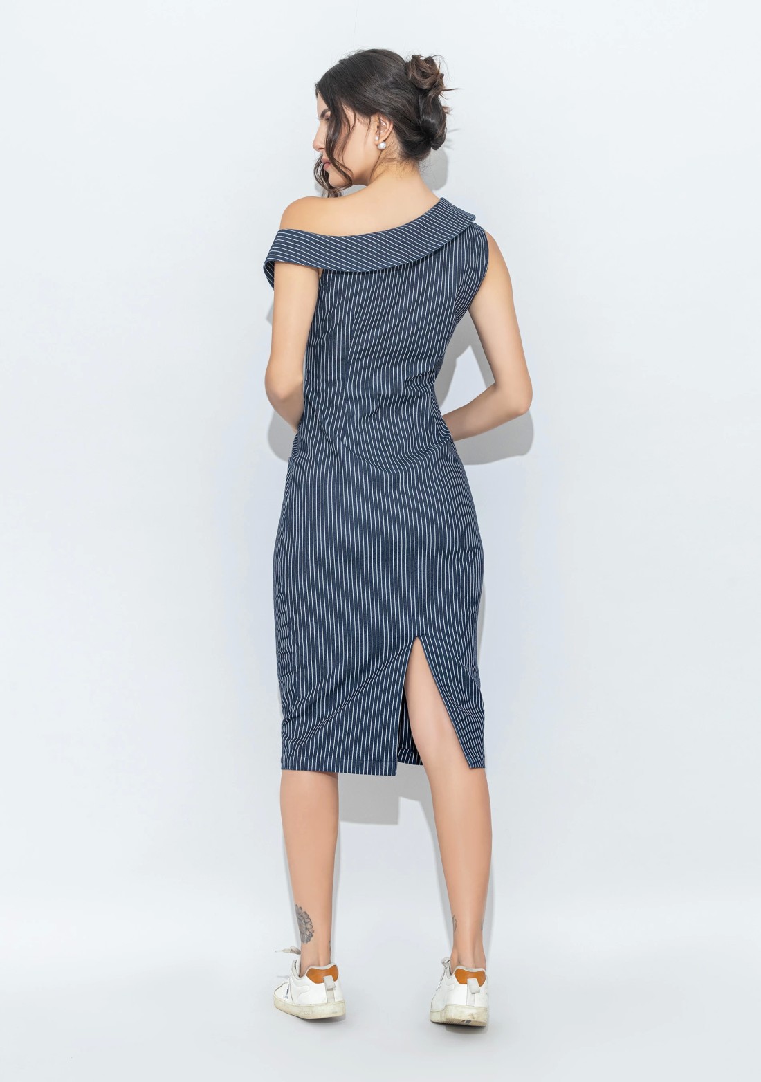 Blue Denim Stripe Print One Shoulder Midi Dress