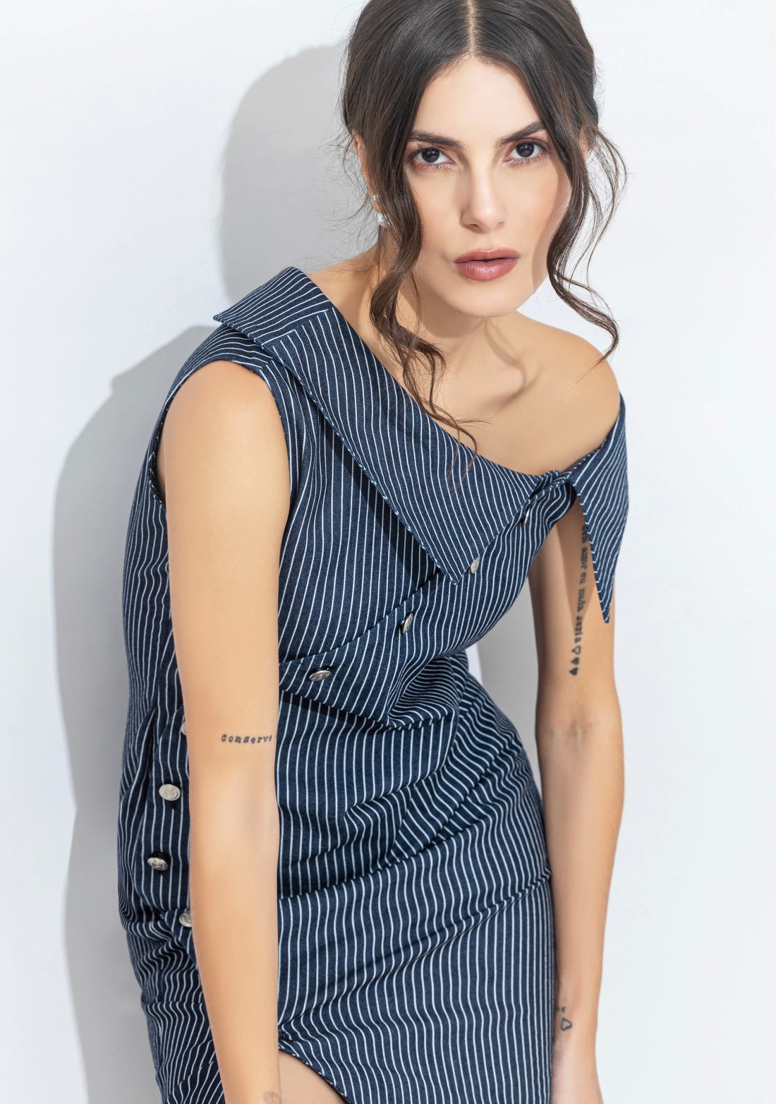 Blue Denim Stripe Print One Shoulder Midi Dress