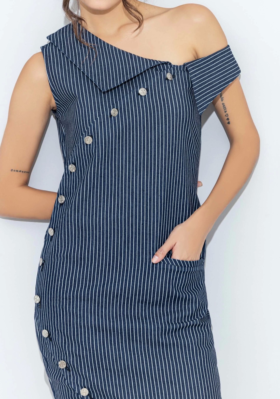 Blue Denim Stripe Print One Shoulder Midi Dress