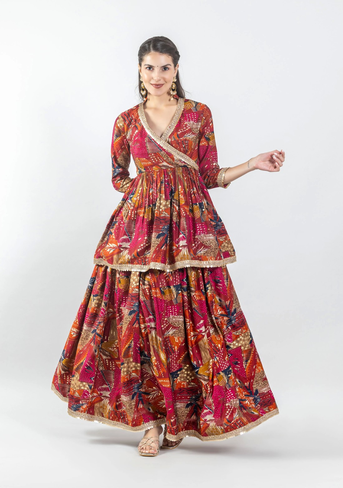 Multi Colour Foil Print Cotton Silk Peplum Kurta and Skirt Co-Ord Set