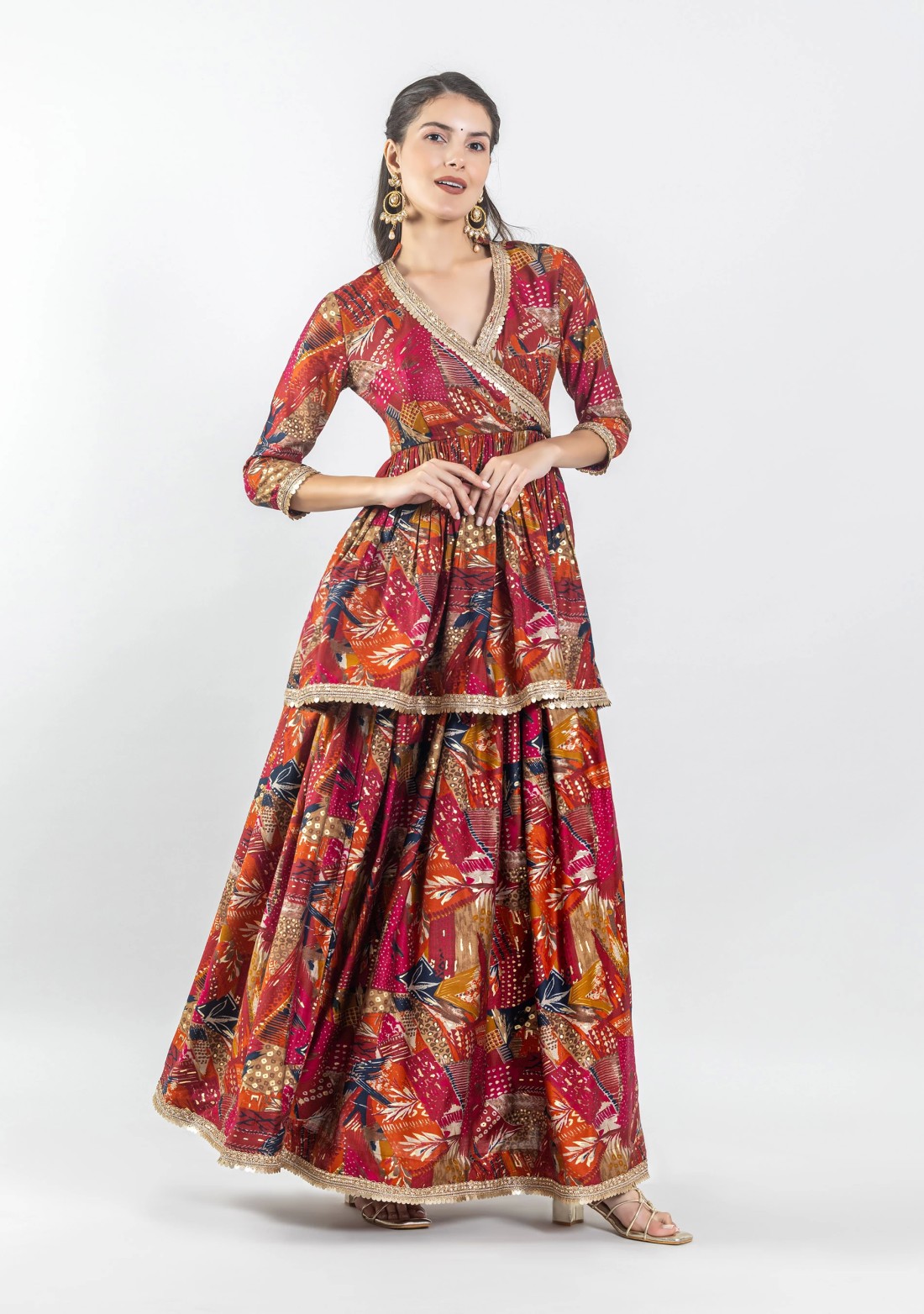 Multi Colour Foil Print Cotton Silk Peplum Kurta and Skirt Co-Ord Set