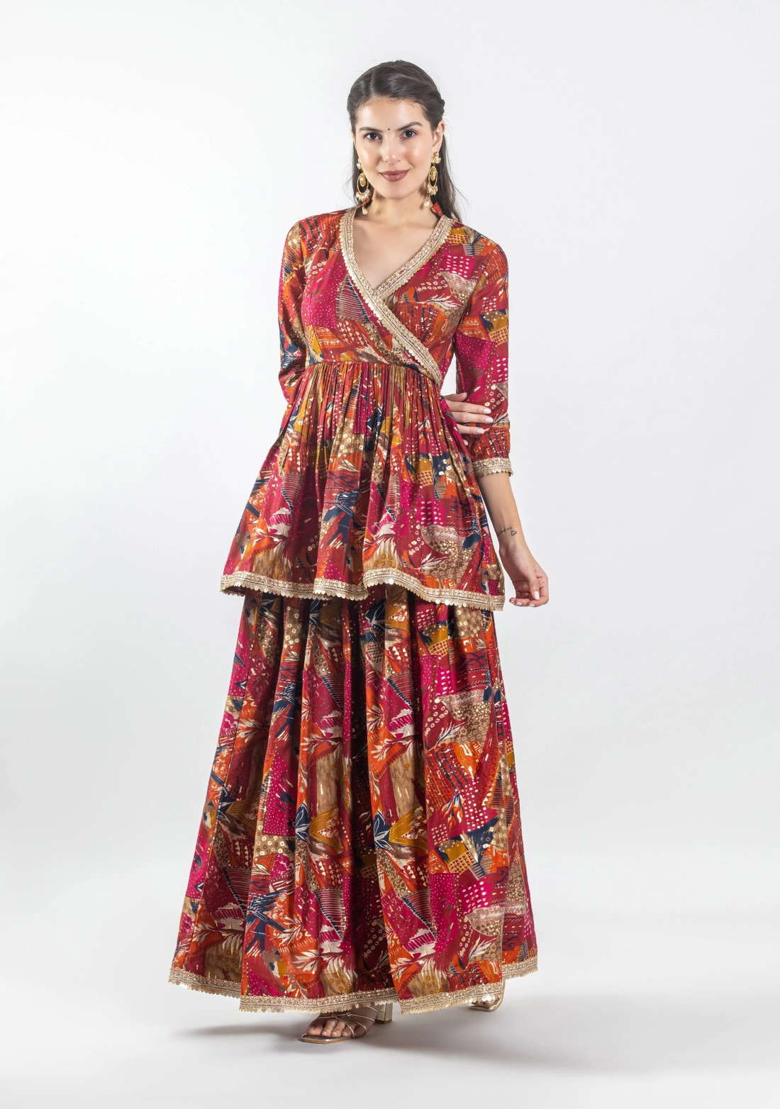 Multi Colour Foil Print Cotton Silk Peplum Kurta and Skirt Co-Ord Set