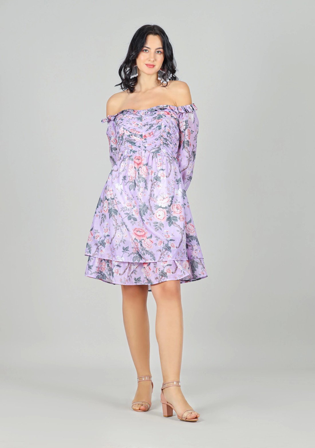 Lavender Floral Print Off Shoulder Mini Dress