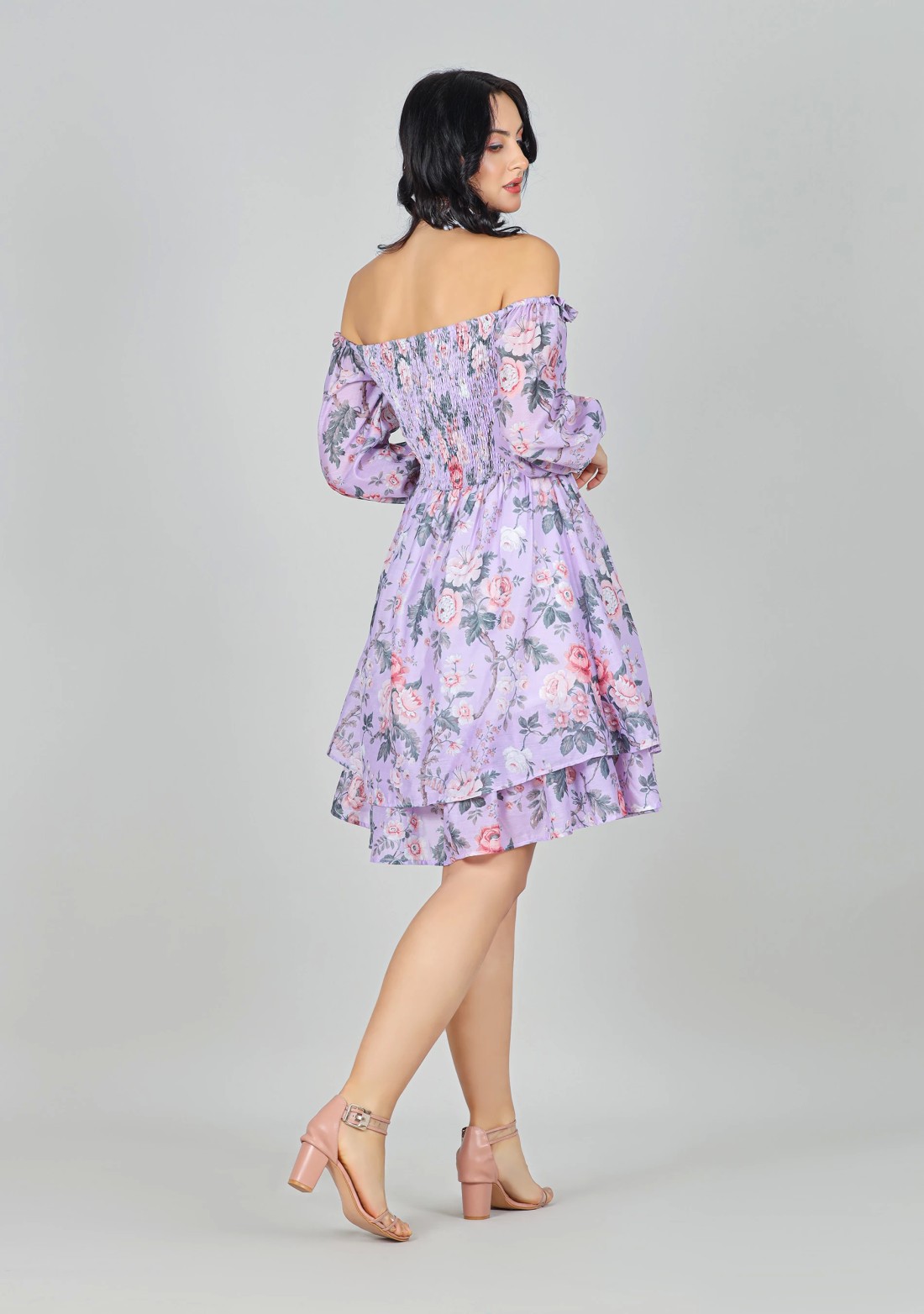 Lavender Floral Print Off Shoulder Mini Dress