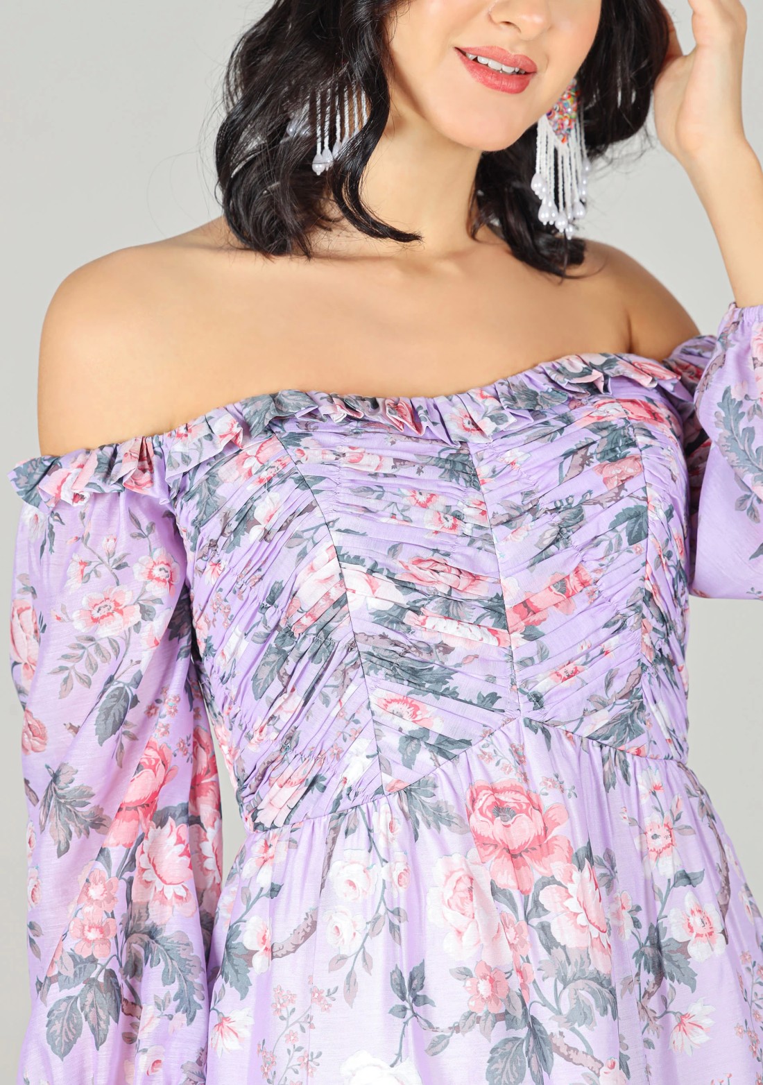 Lavender Floral Print Off Shoulder Mini Dress