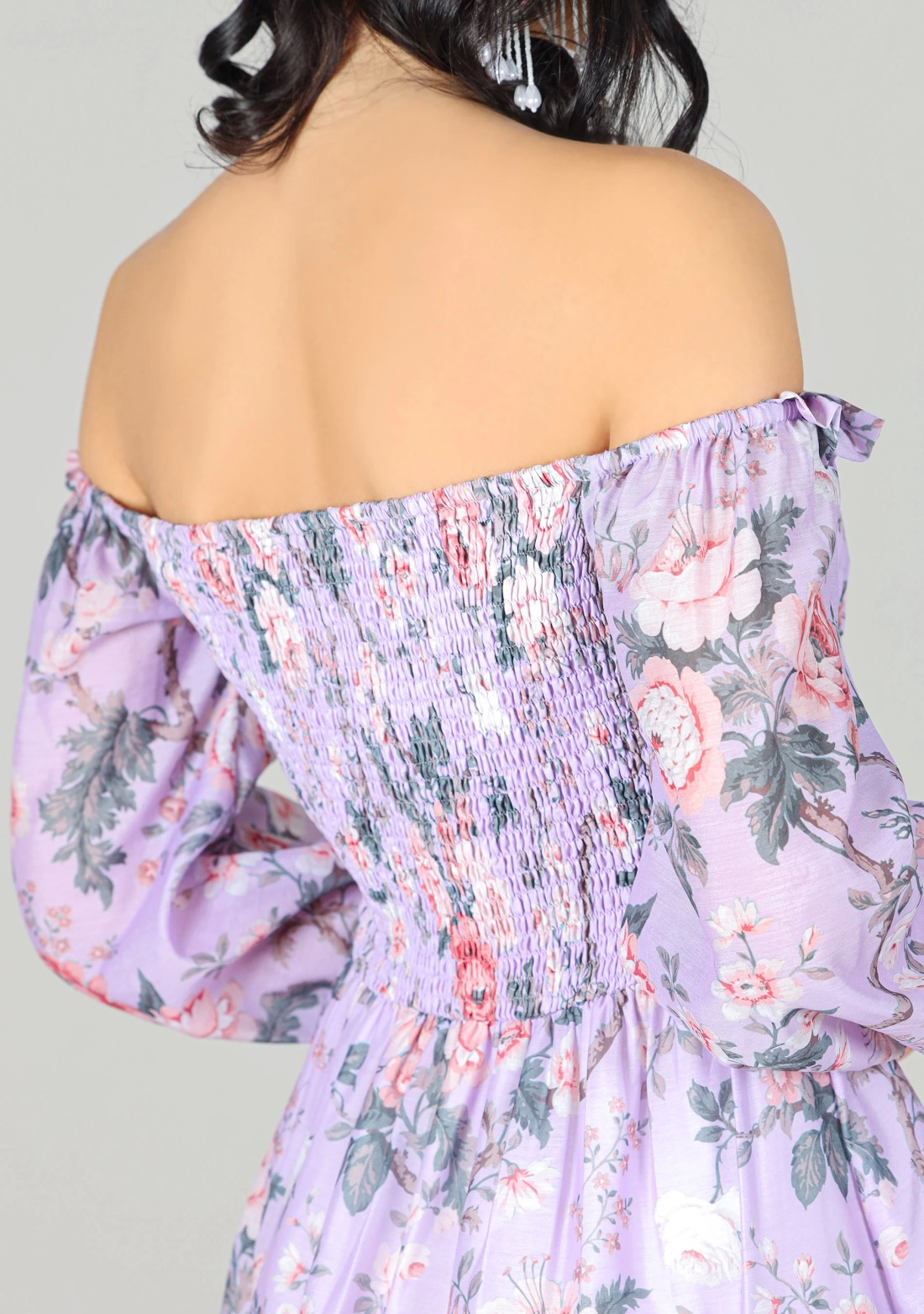 Lavender Floral Print Off Shoulder Mini Dress