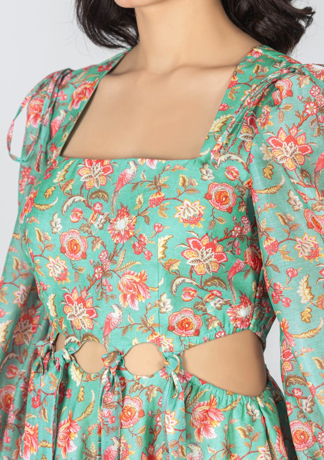 Turquoise Floral Print Waist Cut Out Midi Dress