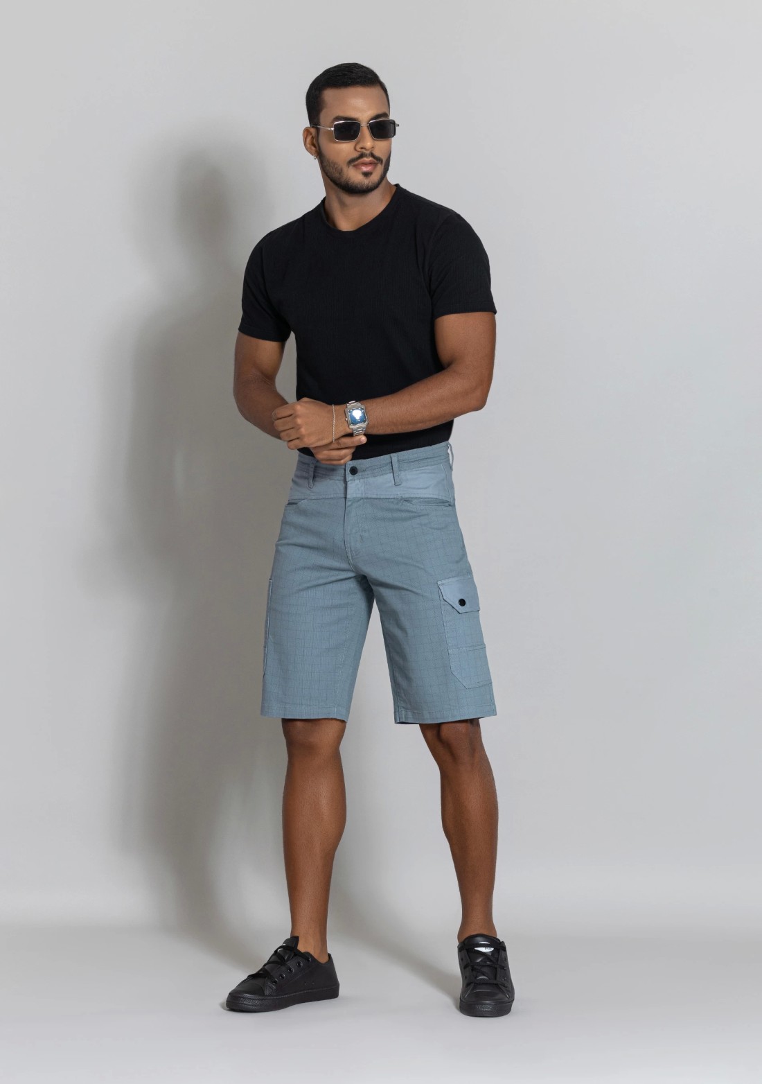 Blue Regular Fit Men’s Casual Check Cotton Cargo Shorts