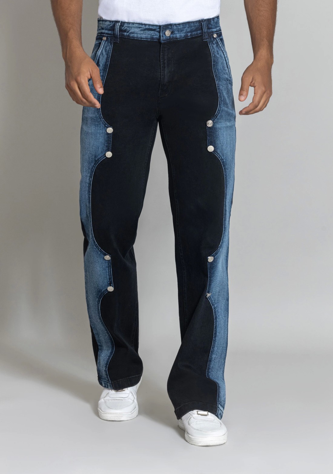 Blue and Black Two Tone Wide Leg Men's Fashion Jeans