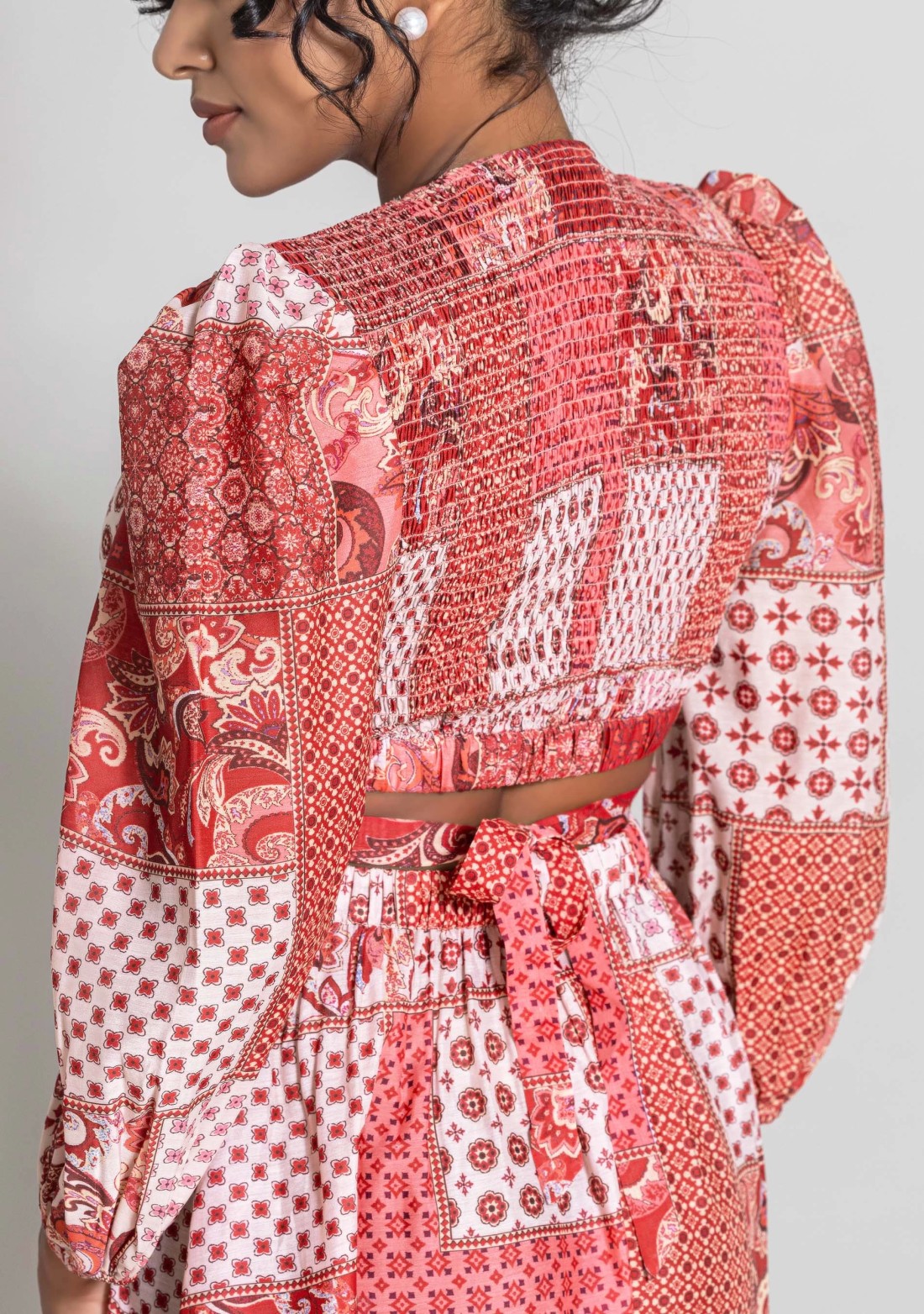 Red and White Scarf Print Chanderi Mini Dress with Waist Cut Out