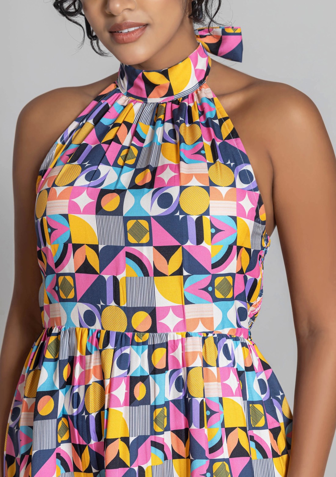 Multi Colour Halter Neck Geometric Print Mini Dress