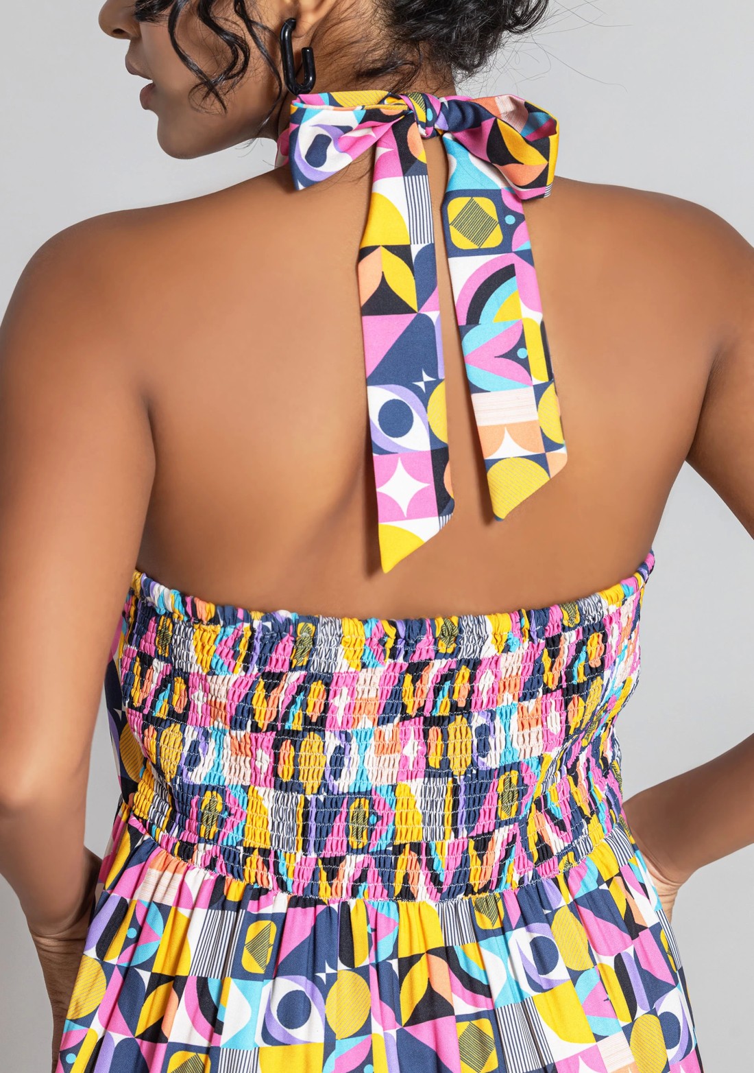 Multi Colour Halter Neck Geometric Print Mini Dress