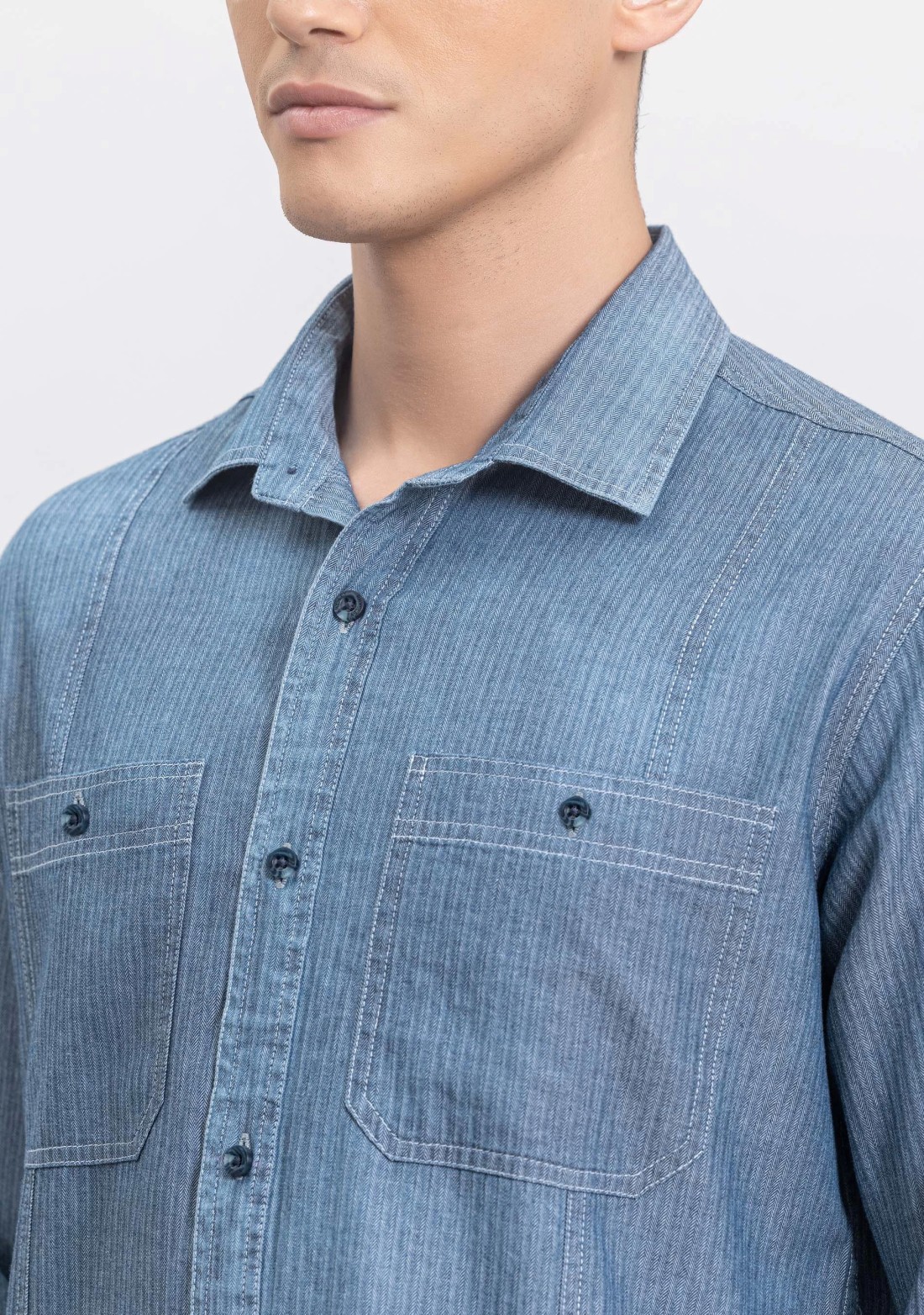 Blue Herringbone Men's Slim Fit Casual Shirt