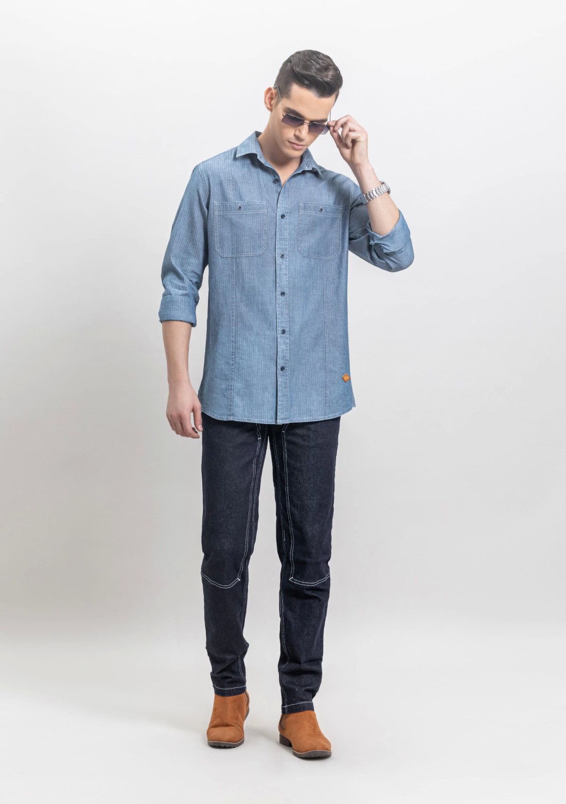 Blue Herringbone Men's Slim Fit Casual Shirt