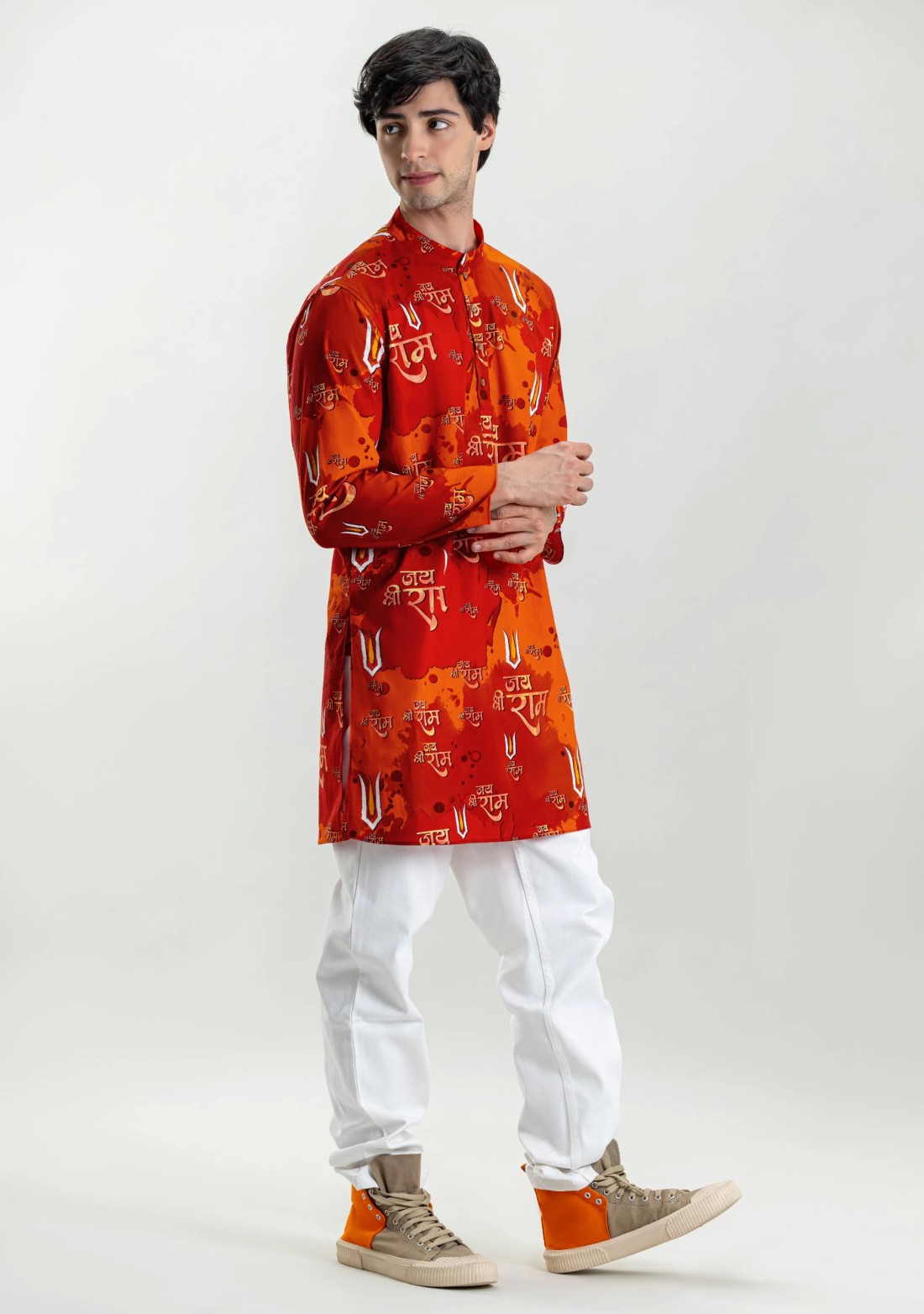 Saffron Regular Fit Jai Shri Ram Printed Men's Cotton Kurta