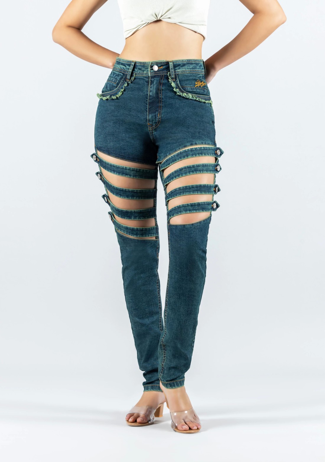 Greenish Blue Skinny Fit Cross Panel Thigh Open Women's Jeans