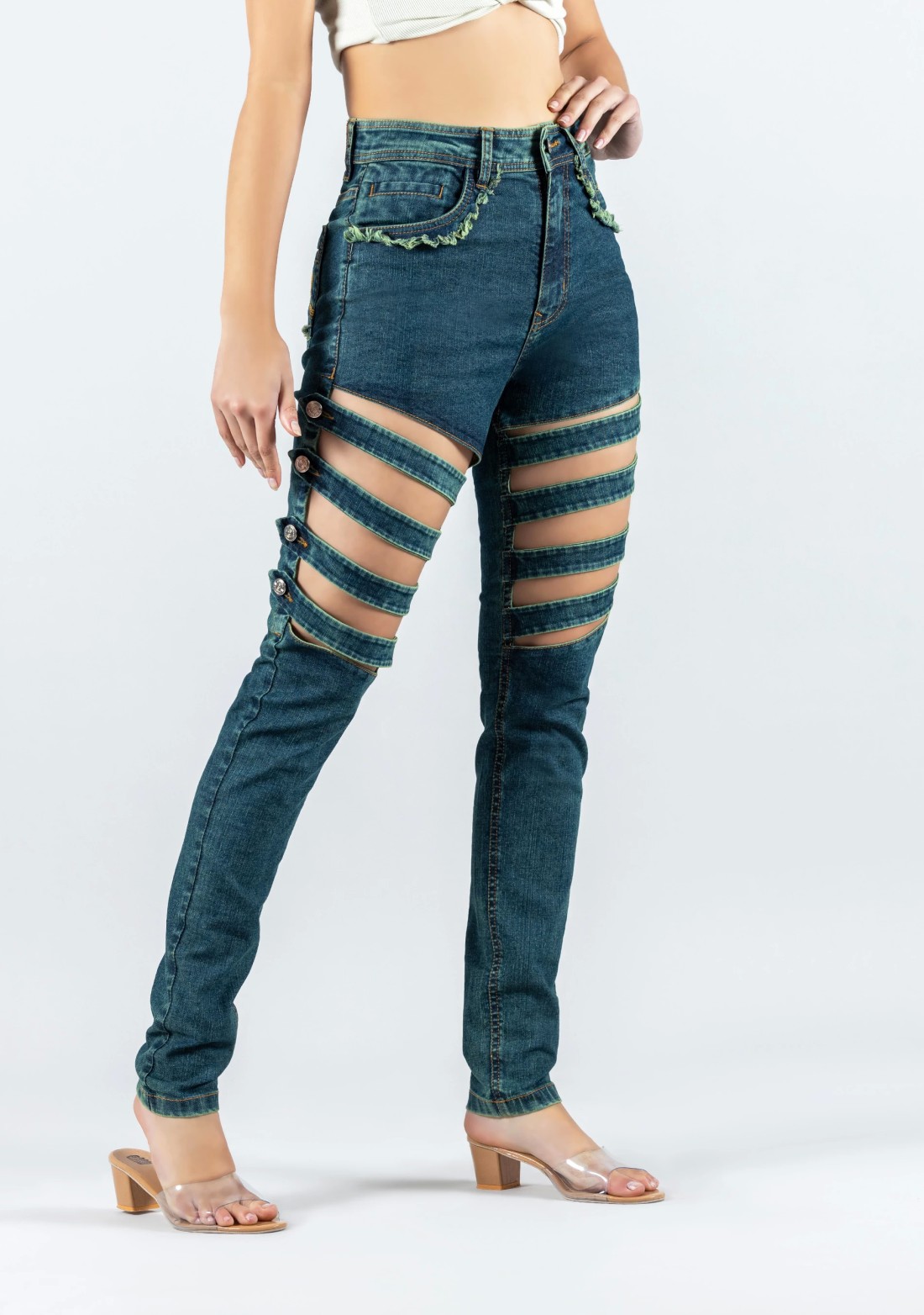 Greenish Blue Skinny Fit Cross Panel Thigh Open Women's Jeans