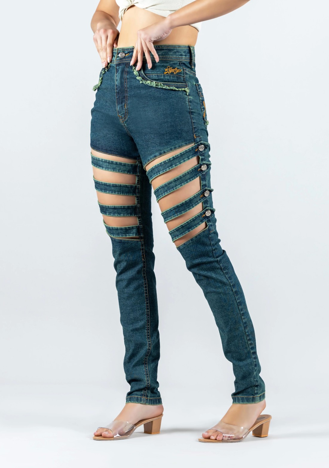 Greenish Blue Skinny Fit Cross Panel Thigh Open Women's Jeans