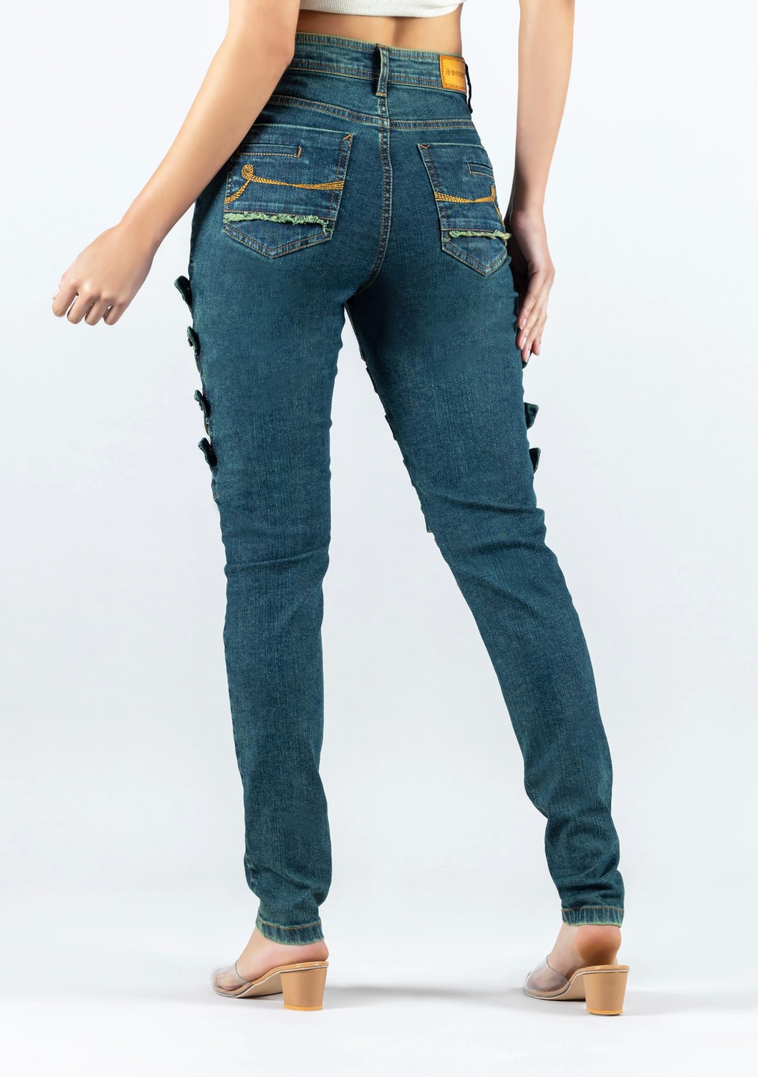 Greenish Blue Skinny Fit Cross Panel Thigh Open Women's Jeans