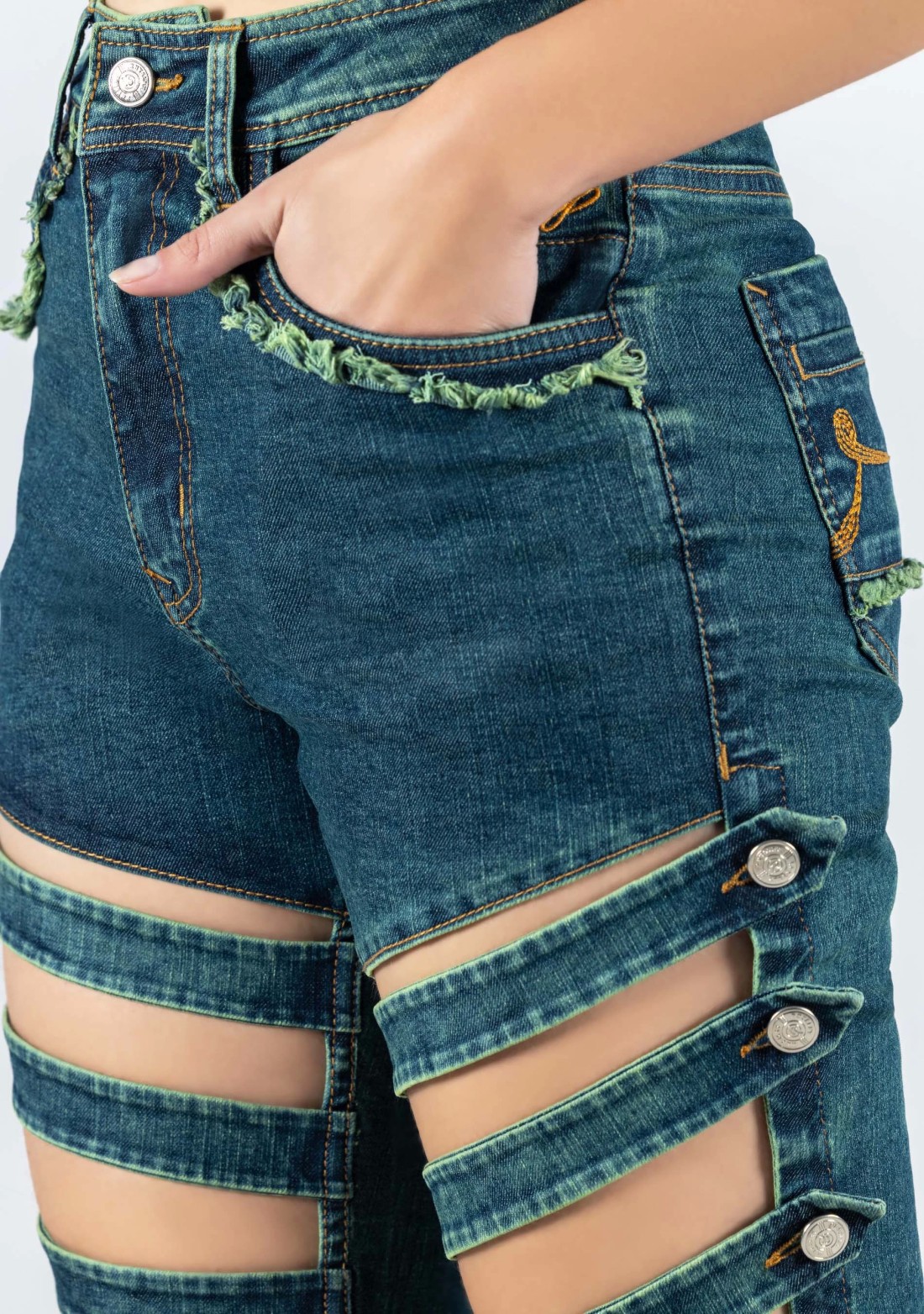 Greenish Blue Skinny Fit Cross Panel Thigh Open Women's Jeans