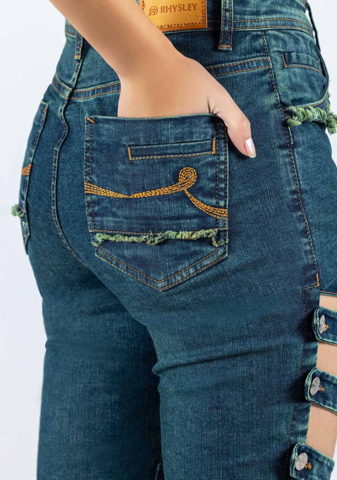 Greenish Blue Skinny Fit Cross Panel Thigh Open Women's Jeans