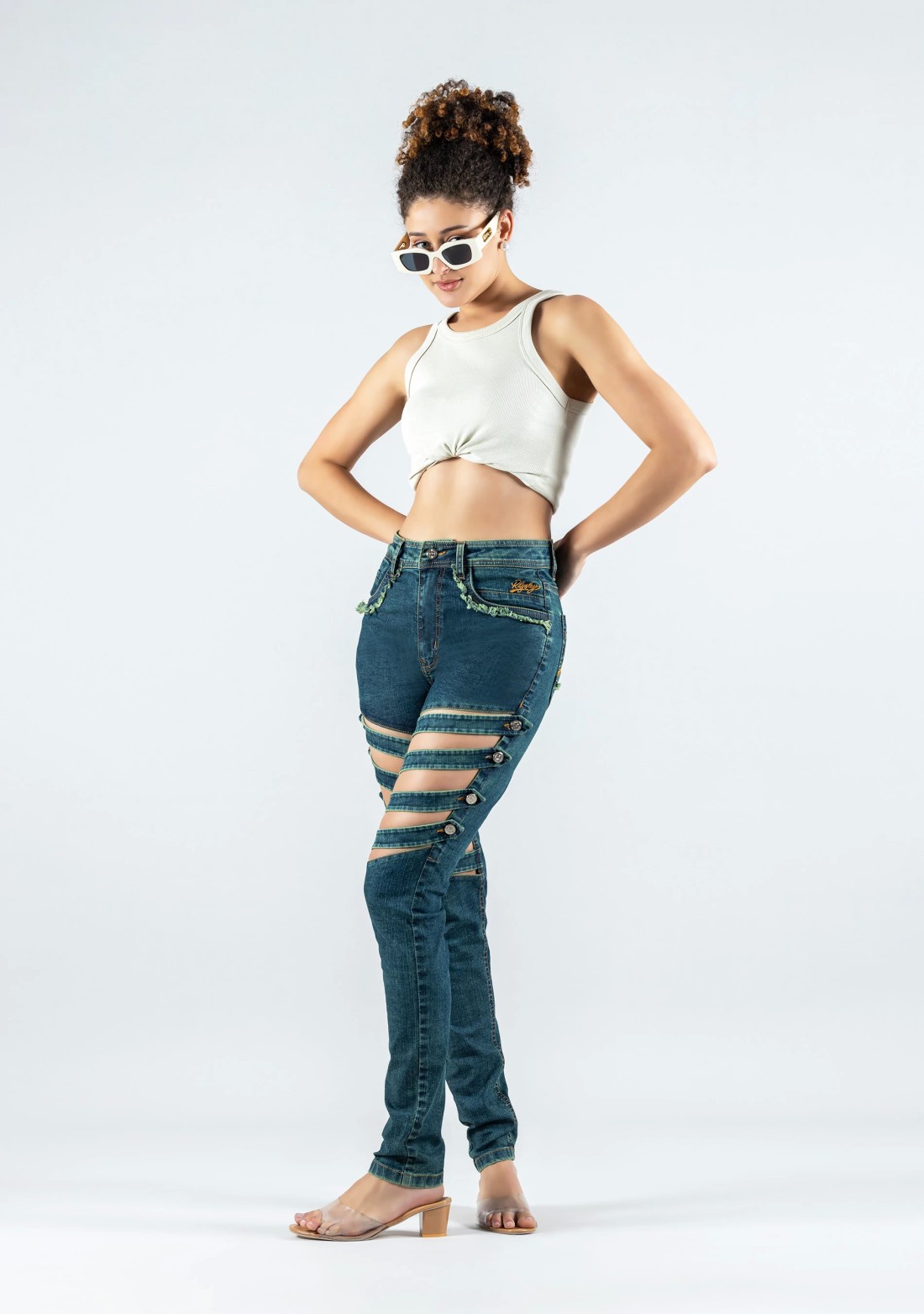 Greenish Blue Skinny Fit Cross Panel Thigh Open Women's Jeans