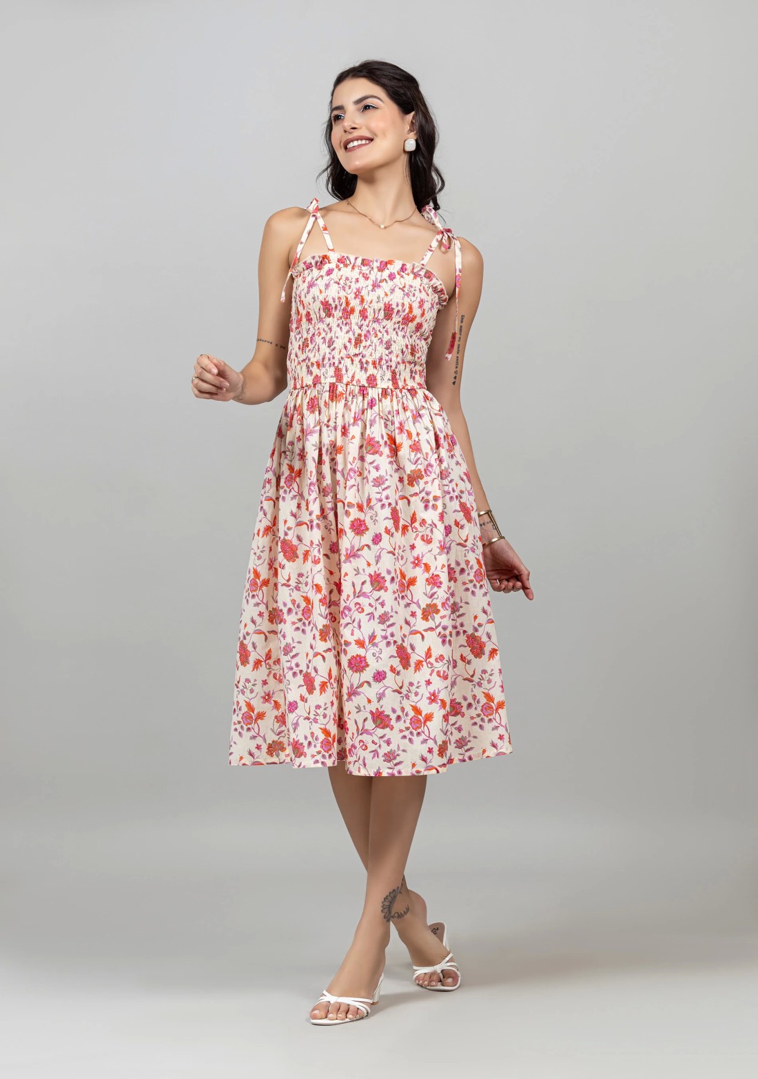 Multi Colour Cotton Floral Print Tie-Knot Strap Midi Dress