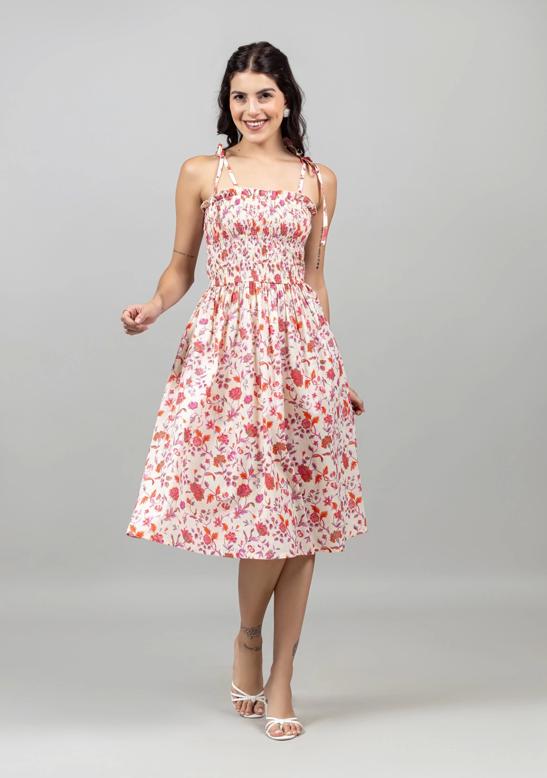 Multi Colour Cotton Floral Print Tie-Knot Strap Midi Dress