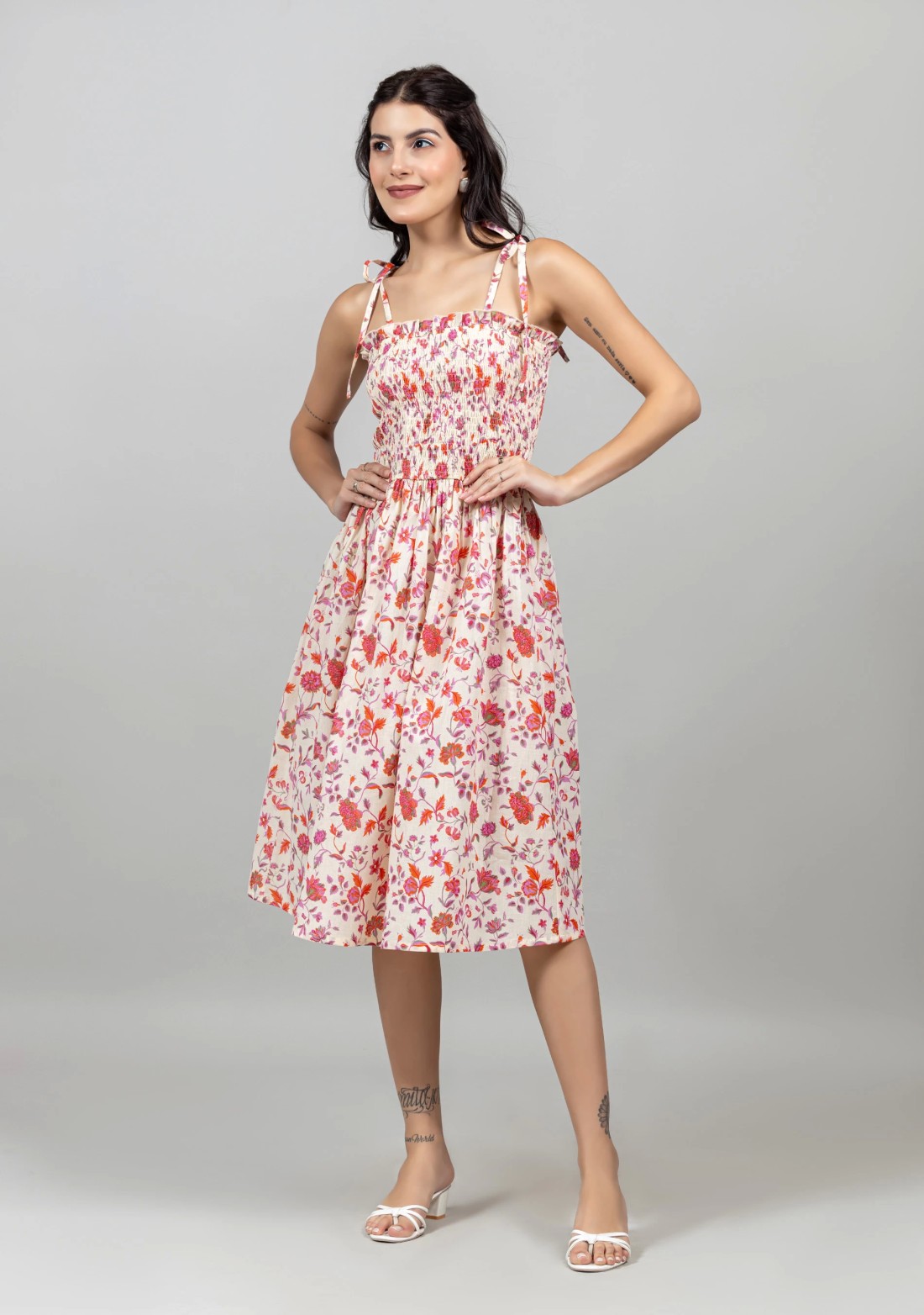 Multi Colour Cotton Floral Print Tie-Knot Strap Midi Dress