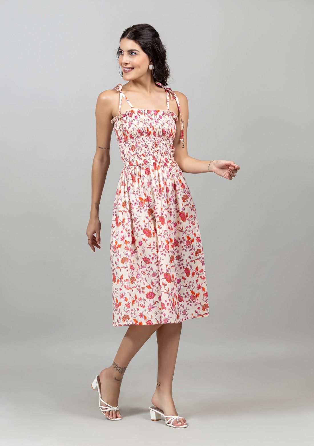 Multi Colour Cotton Floral Print Tie-Knot Strap Midi Dress