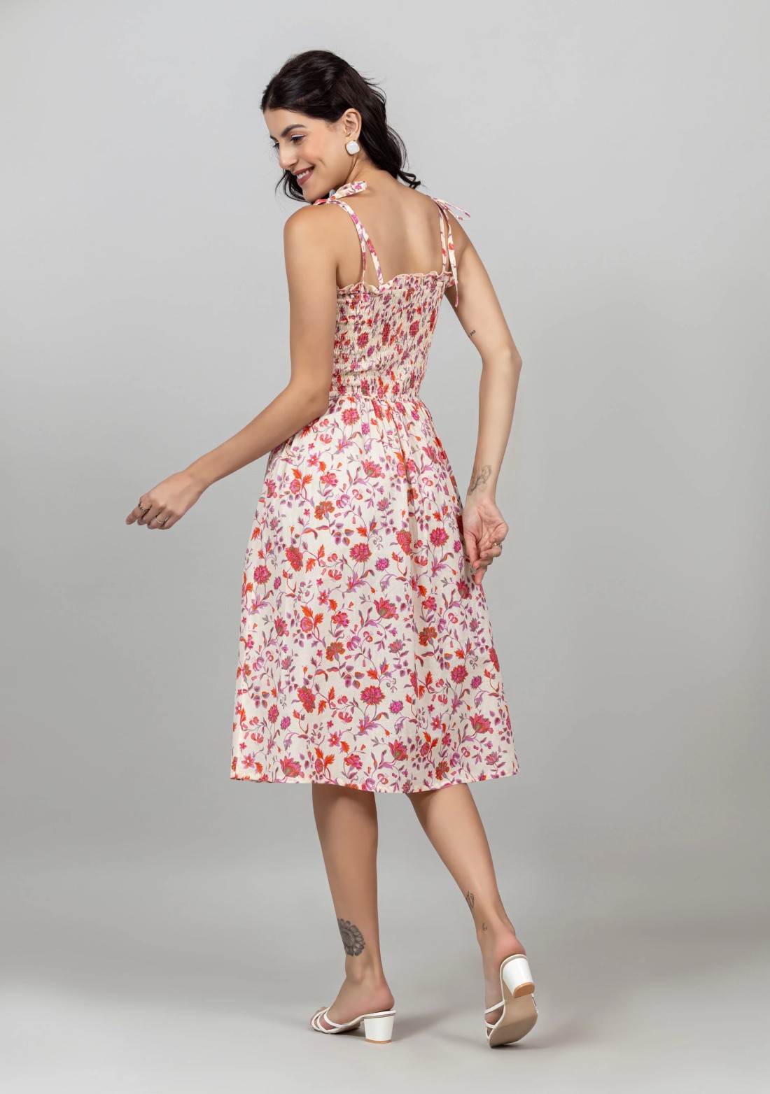 Multi Colour Cotton Floral Print Tie-Knot Strap Midi Dress