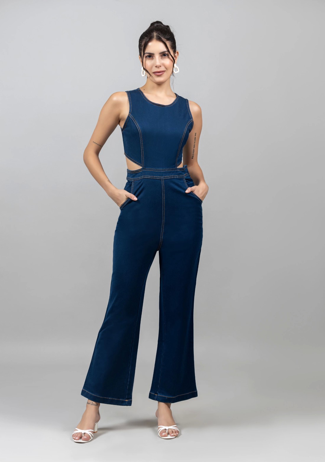 Navy Blue Fitted Denim Jumpsuit