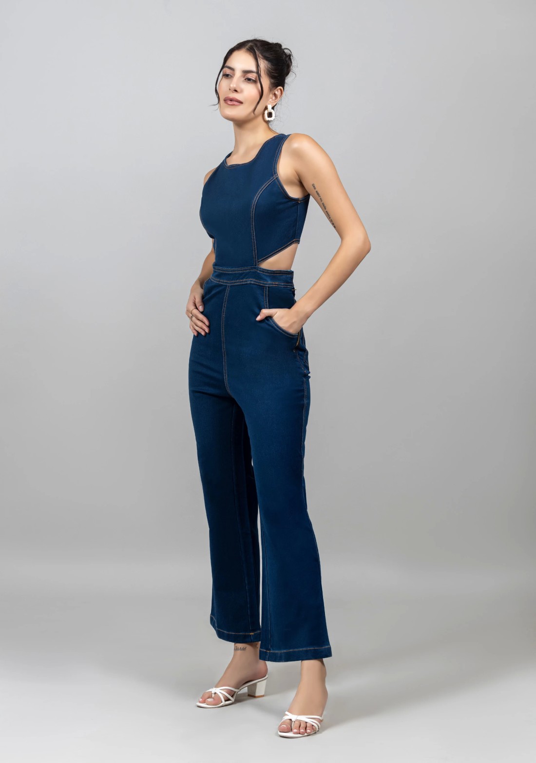 Navy Blue Fitted Denim Jumpsuit