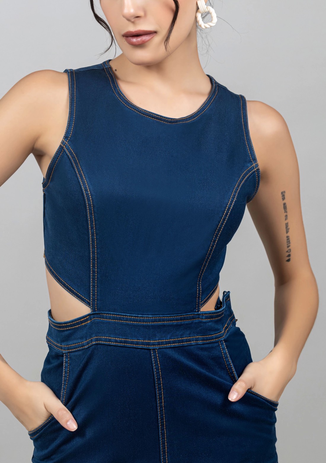 Navy Blue Fitted Denim Jumpsuit