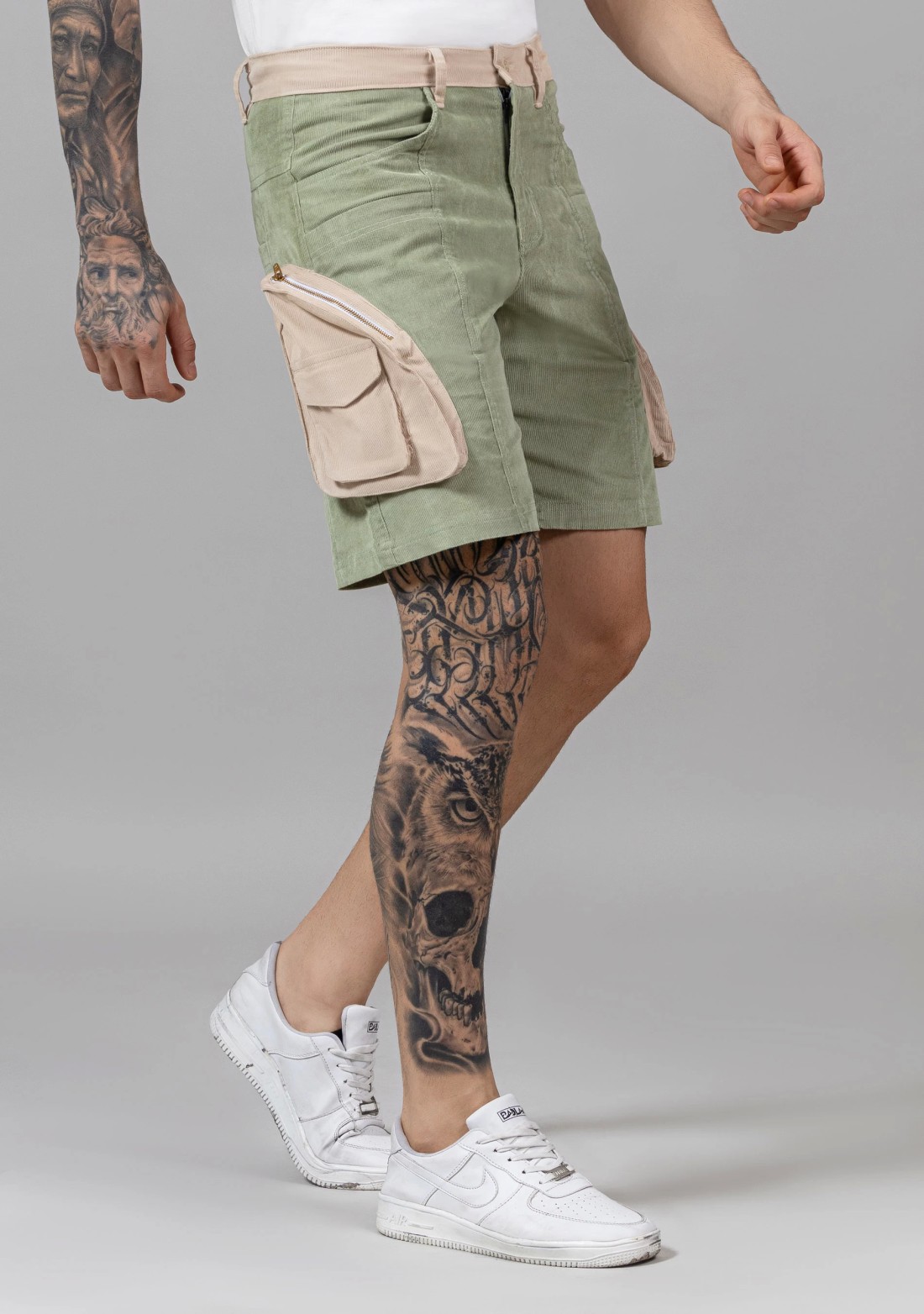 Beige and Green Regular Fit Men’s Casual Corduroy Shorts
