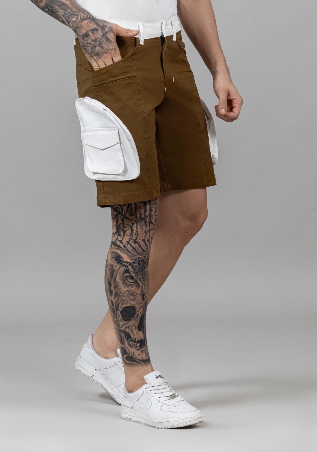Brown and White Regular Fit Men’s Casual Cotton Shorts
