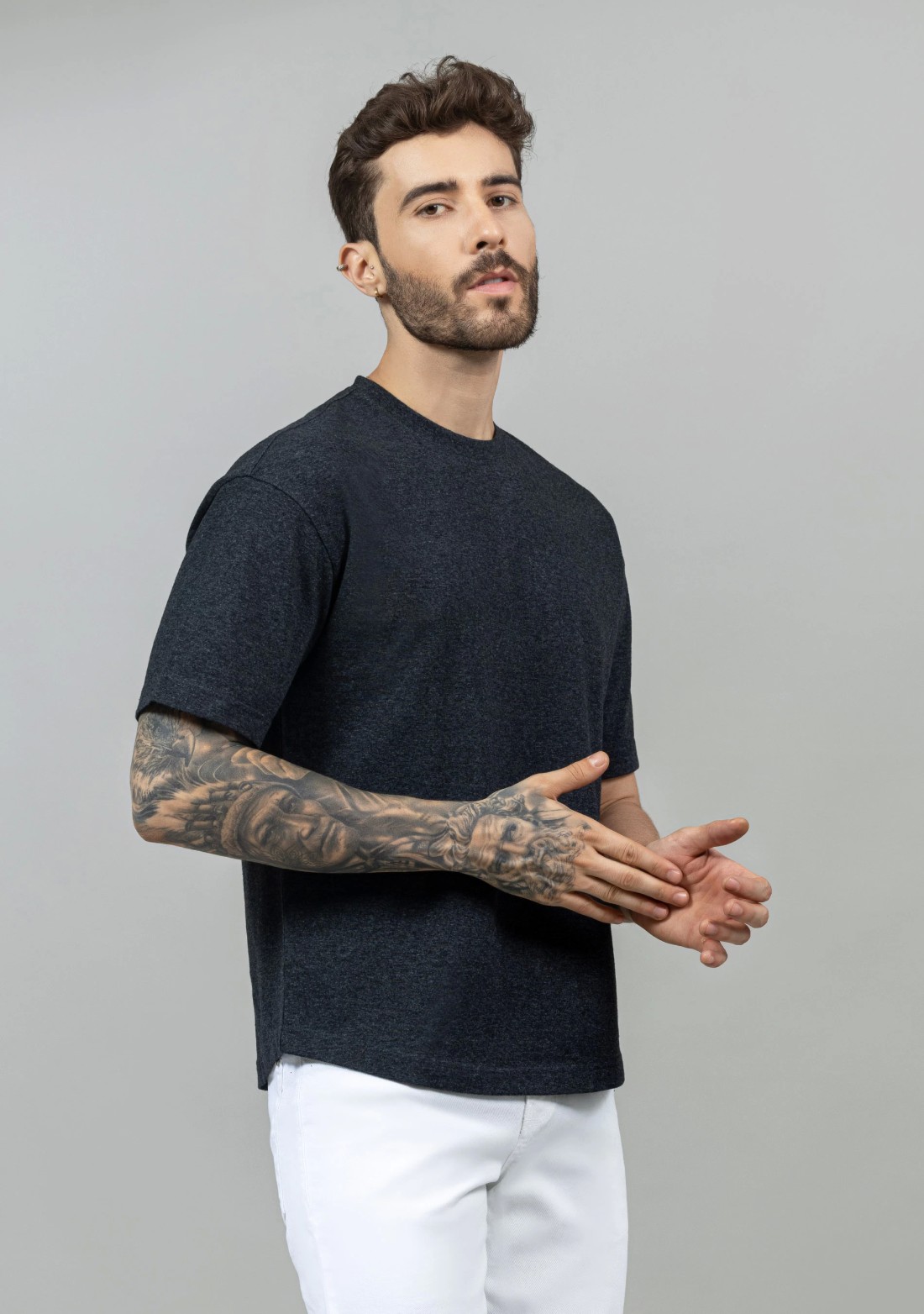 Charcoal Melange Regular Fit Men's Drop Shoulder T-shirt