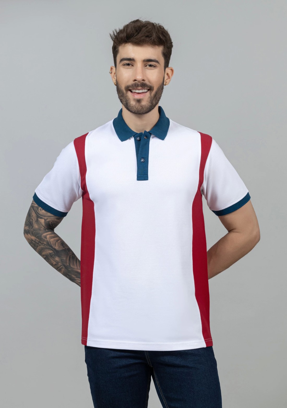 White Colourblocked Regular Fit Men's Polo T-Shirt