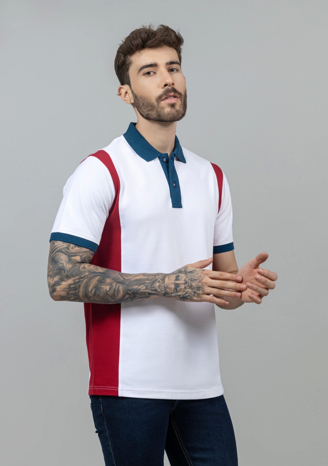 White Colourblocked Regular Fit Men's Polo T-Shirt