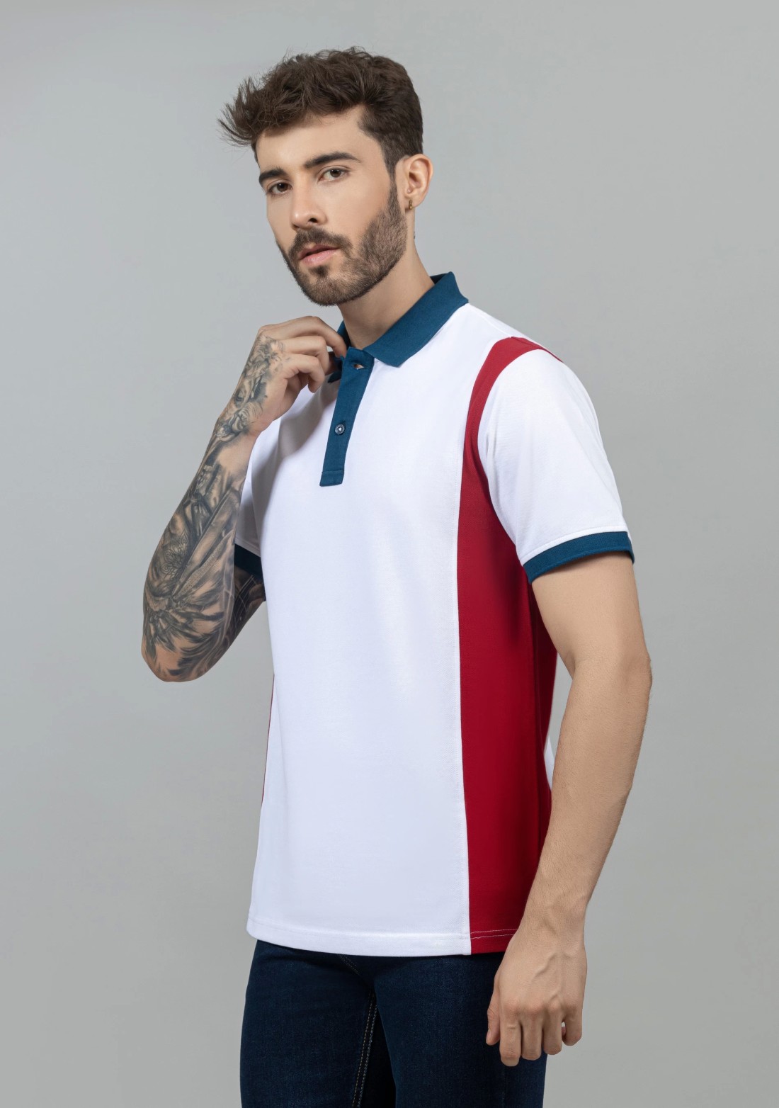 White Colourblocked Regular Fit Men's Polo T-Shirt