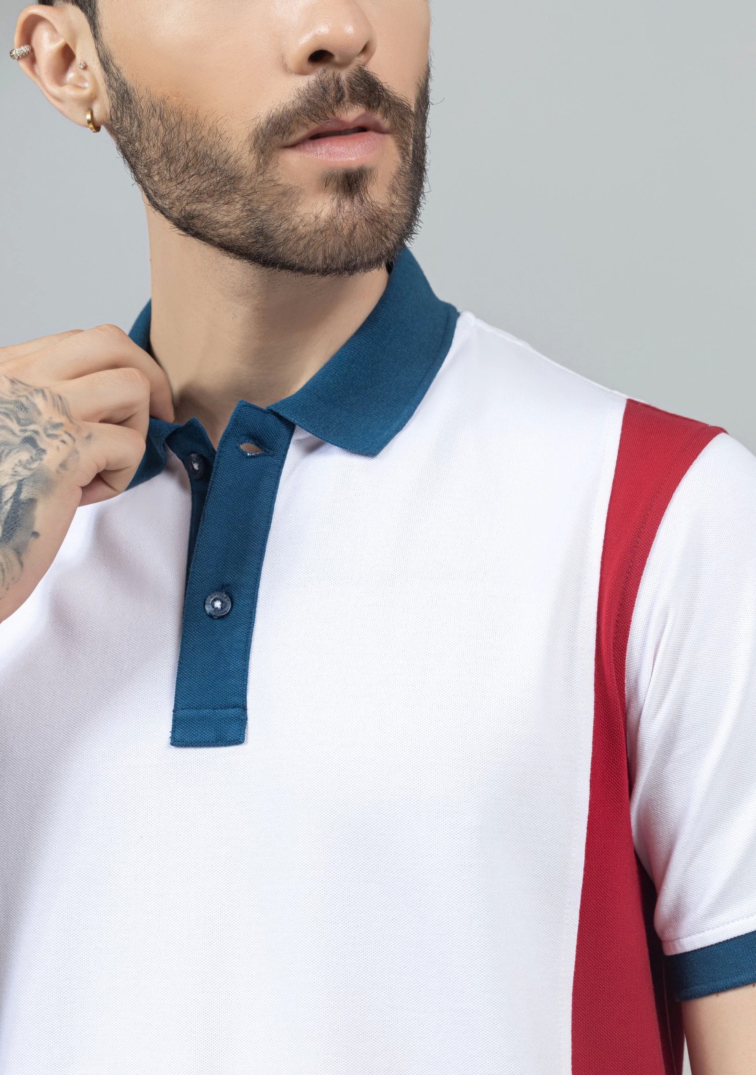 White Colourblocked Regular Fit Men's Polo T-Shirt