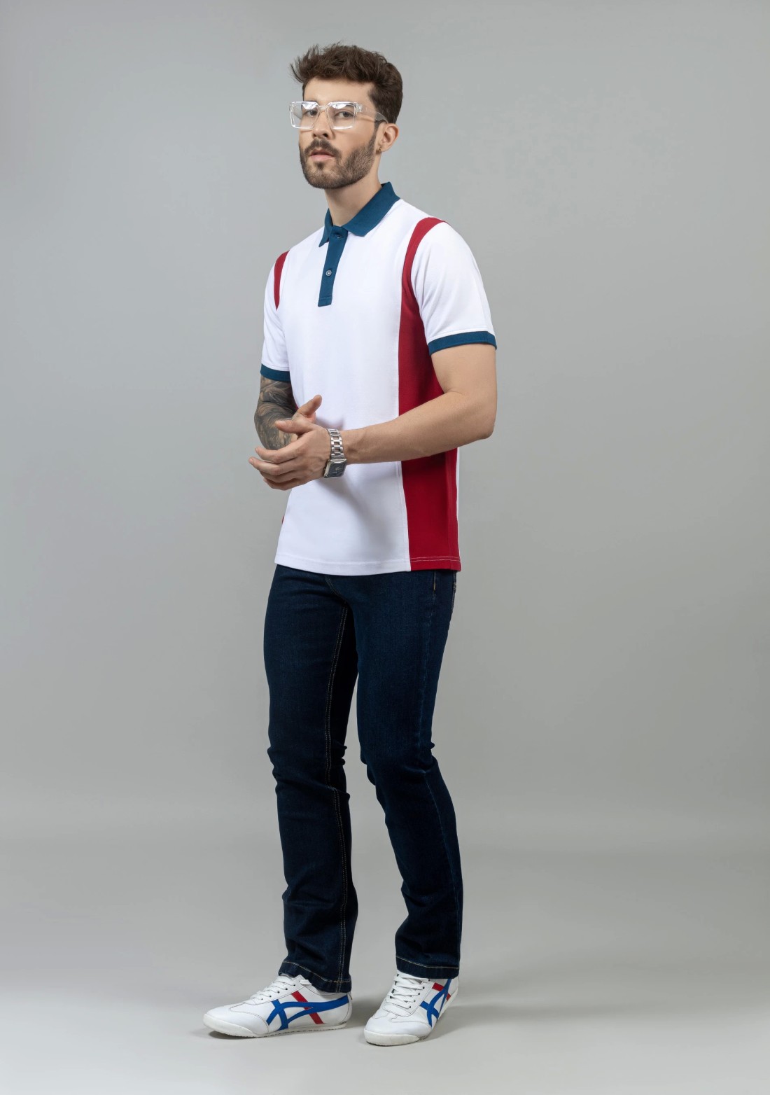 White Colourblocked Regular Fit Men's Polo T-Shirt