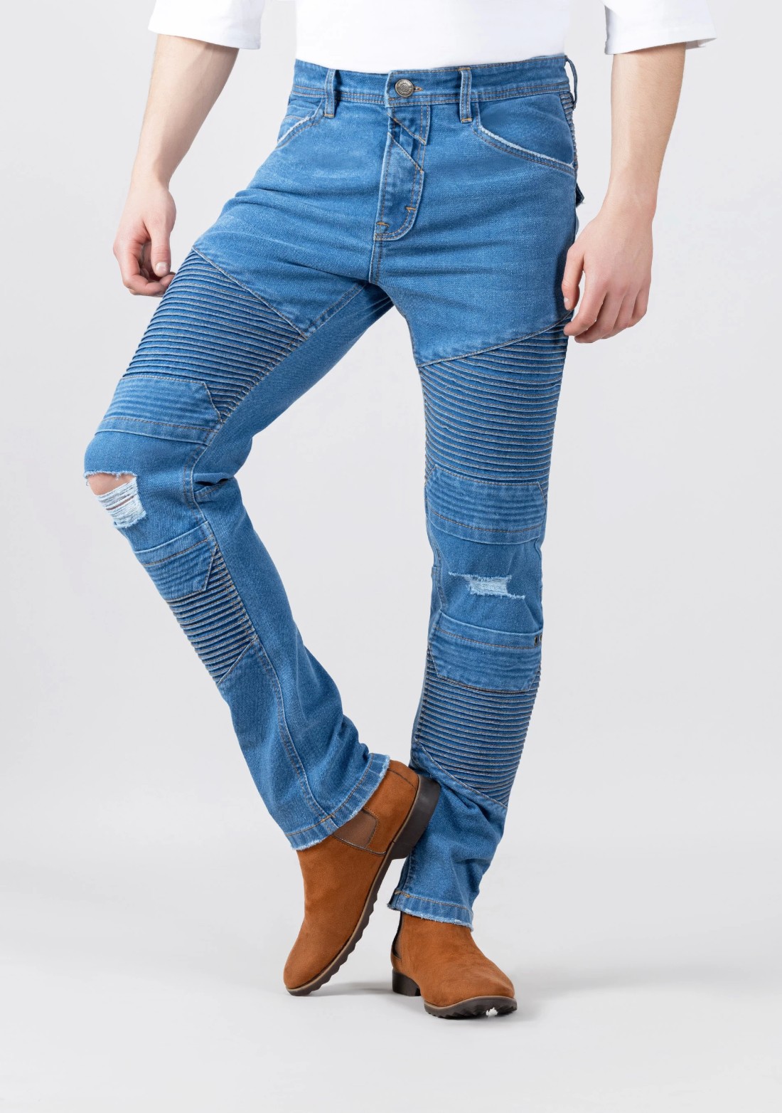 Blue Slim Fit Ribbed Panels Men's Jeans