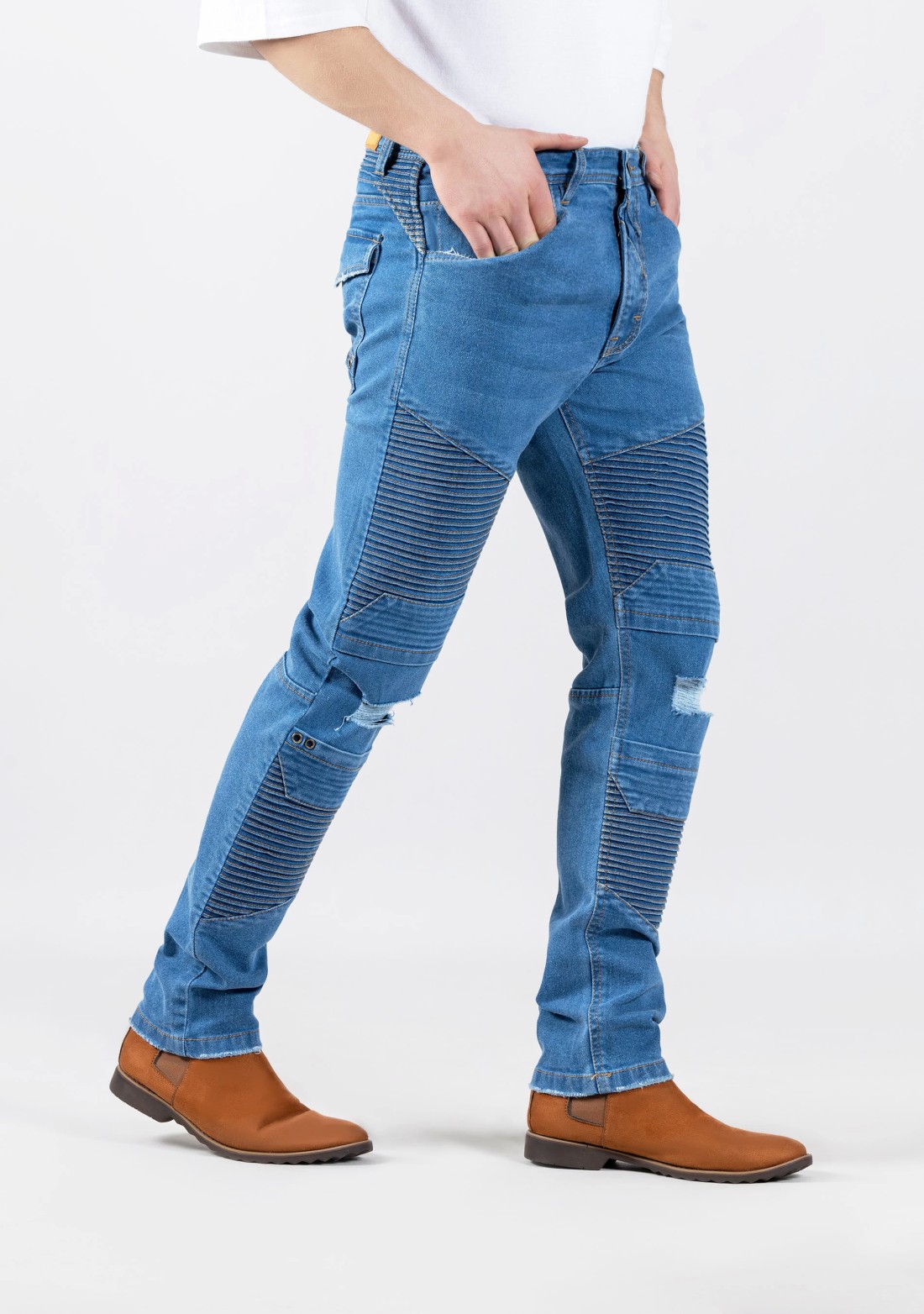 Blue Slim Fit Ribbed Panels Men's Jeans