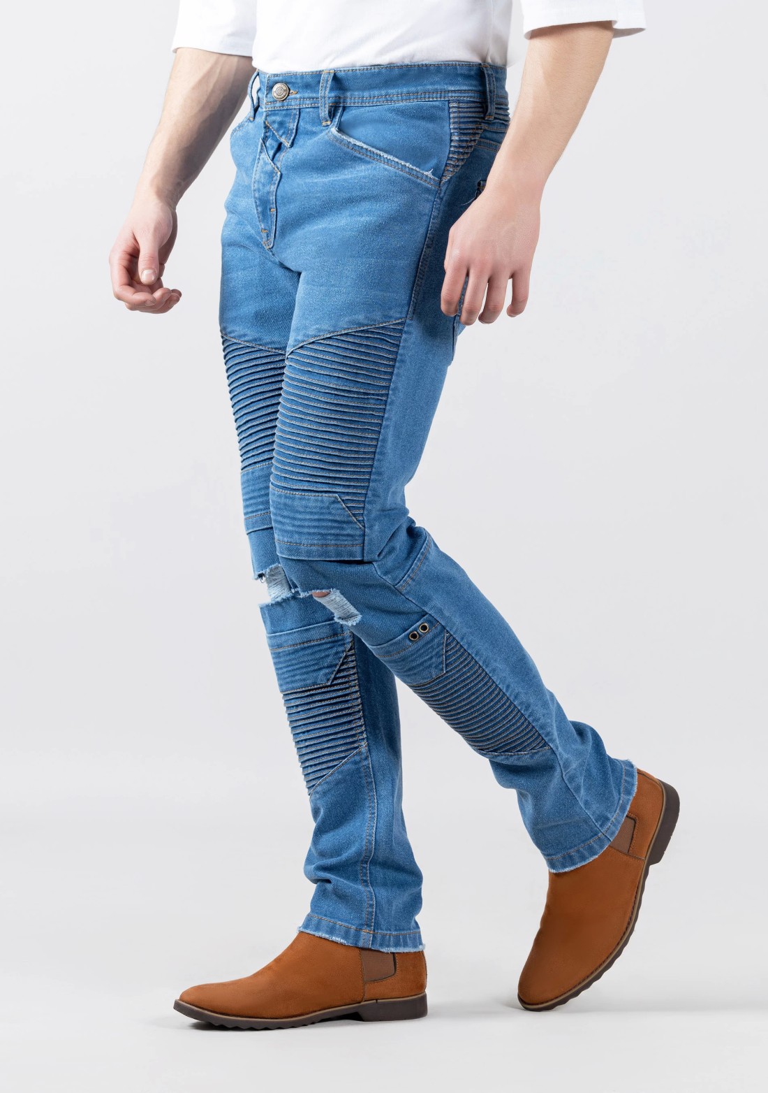 Blue Slim Fit Ribbed Panels Men's Jeans