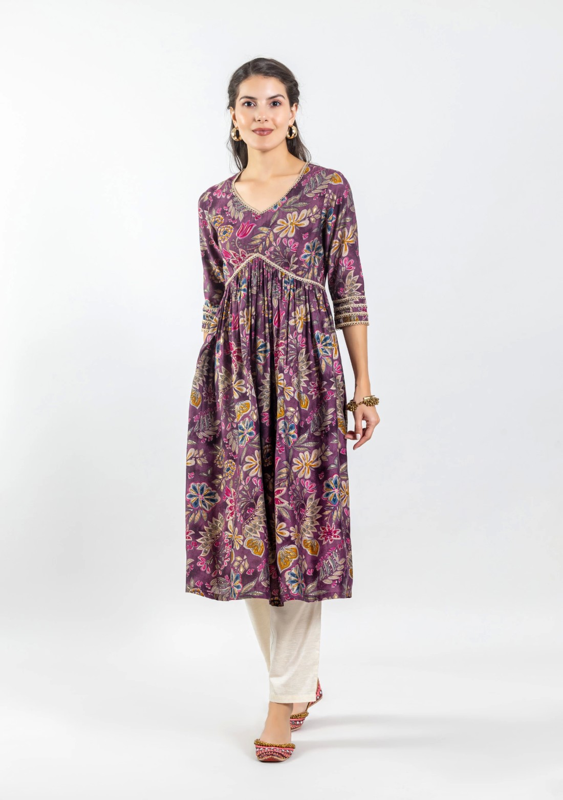 Mauve Chanderi Foil Print Flared Anarkali Kurta