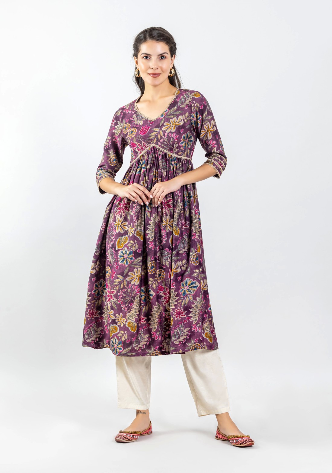 Mauve Chanderi Foil Print Flared Anarkali Kurta