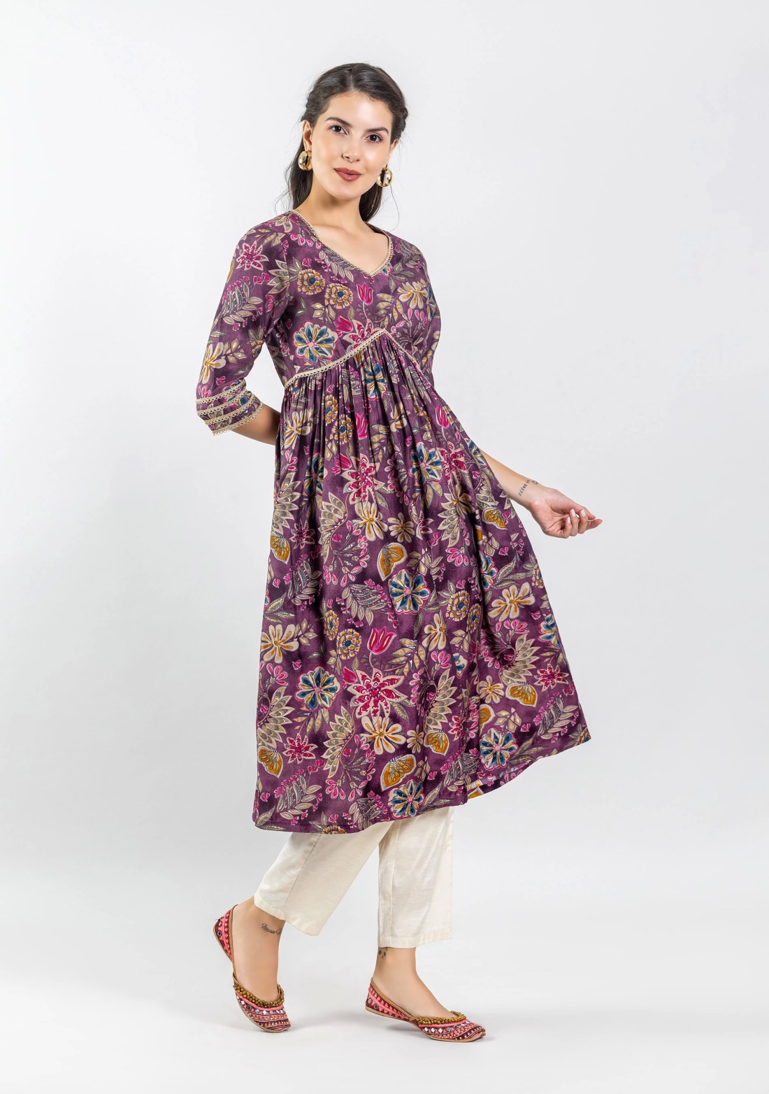 Mauve Chanderi Foil Print Flared Anarkali Kurta