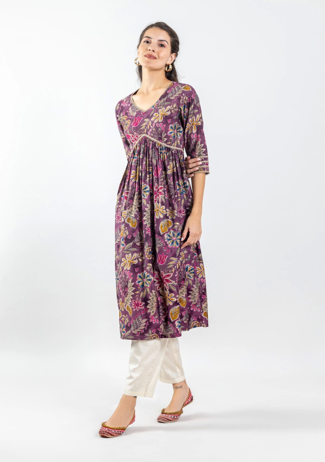 Mauve Chanderi Foil Print Flared Anarkali Kurta