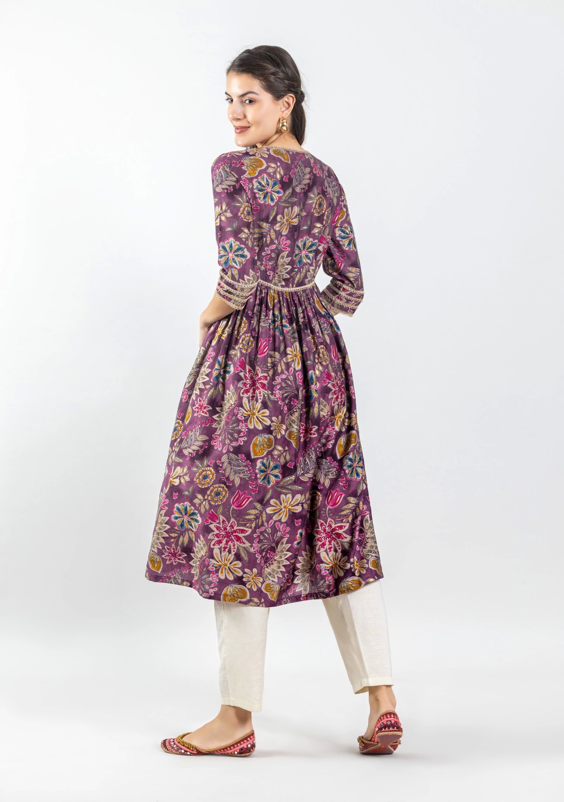 Mauve Chanderi Foil Print Flared Anarkali Kurta